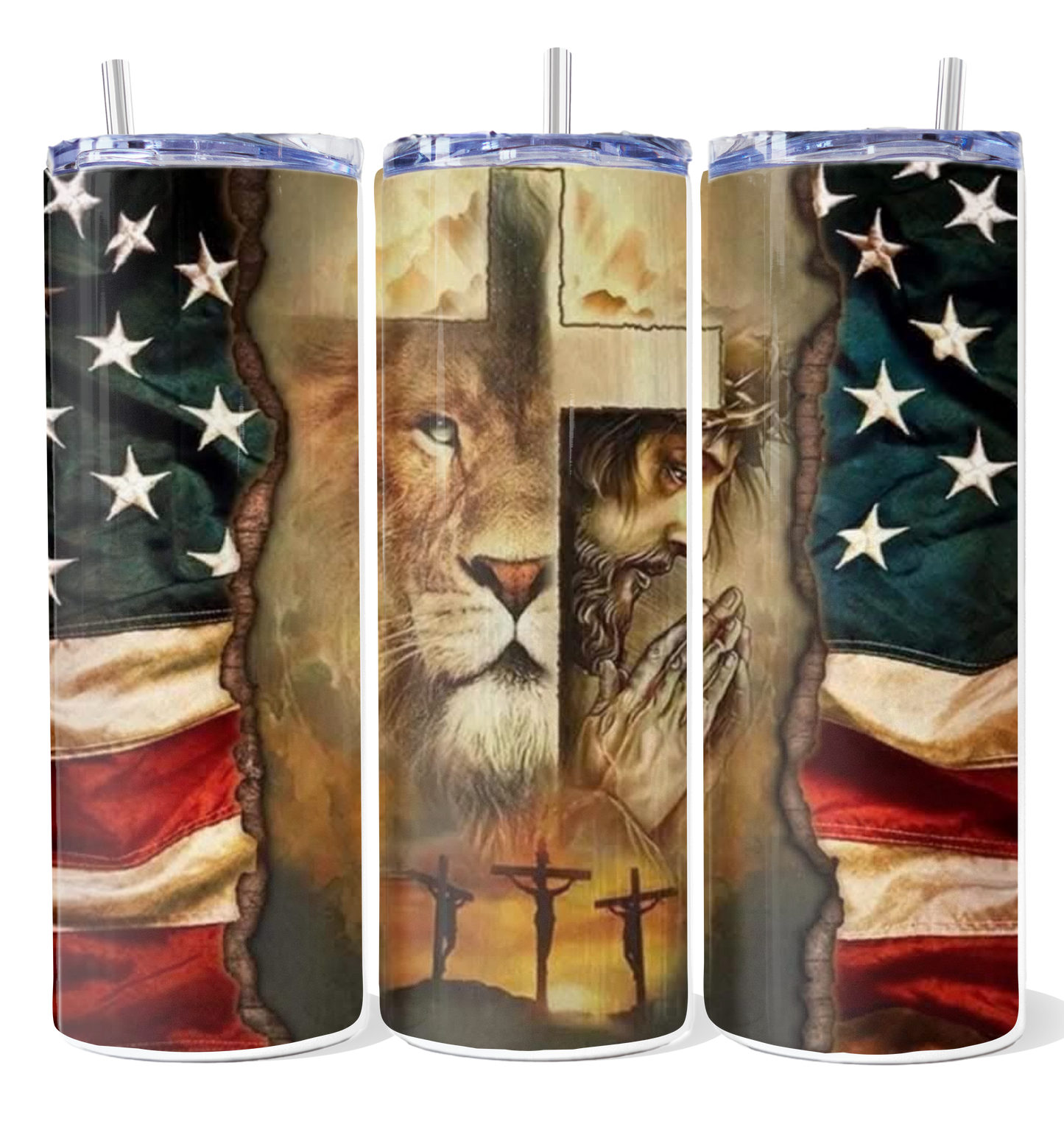Lion & Jesus with American Flag Tumbler