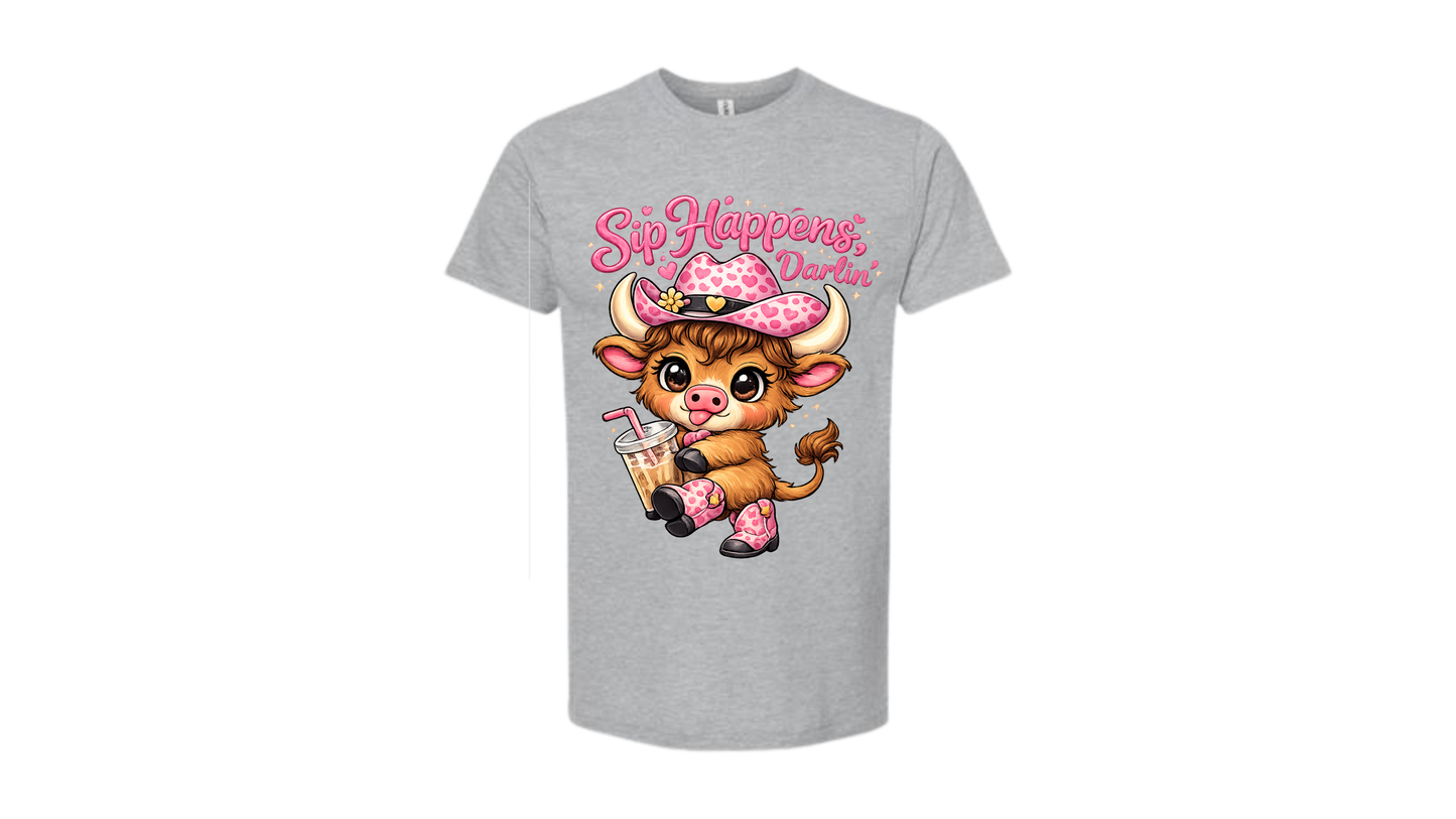 Sip Happens Darlin’ Highland Cow Shirt