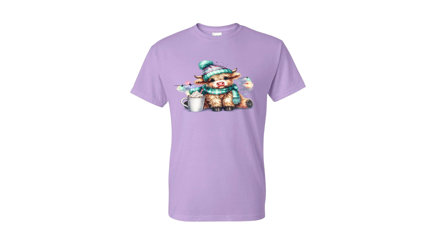 Cozy Highland Cow Hot Cocoa Graphic T-Shirt