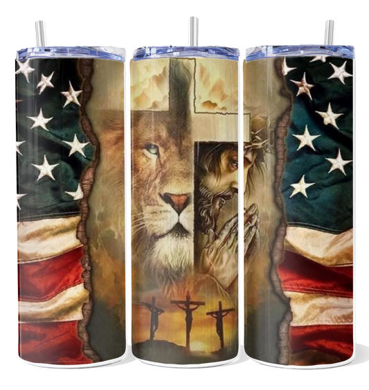 Lion & Jesus with American Flag Tumbler
