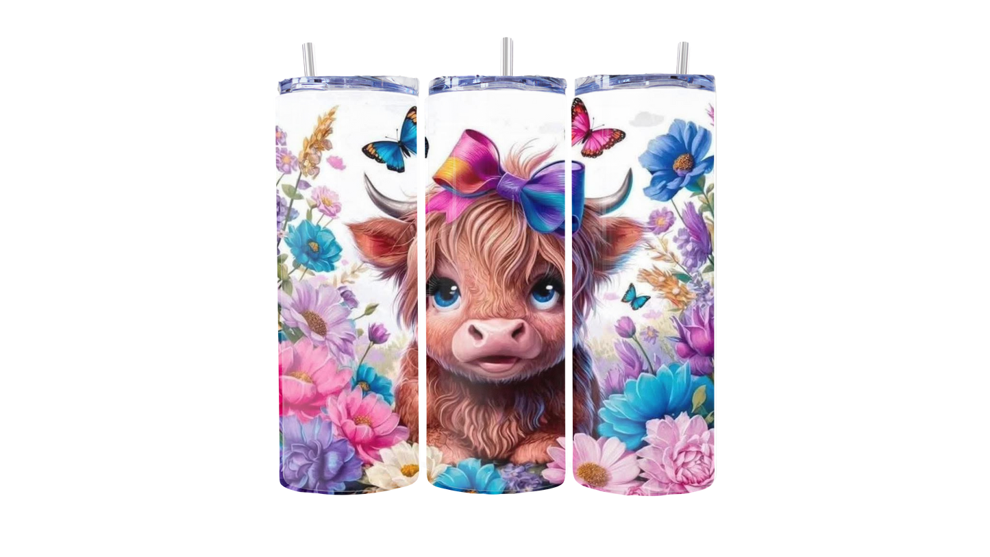 Highland Cow & Butterflies Floral 20oz Stainless Steel Tumbler