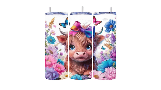 Highland Cow & Butterflies Floral 20oz Stainless Steel Tumbler