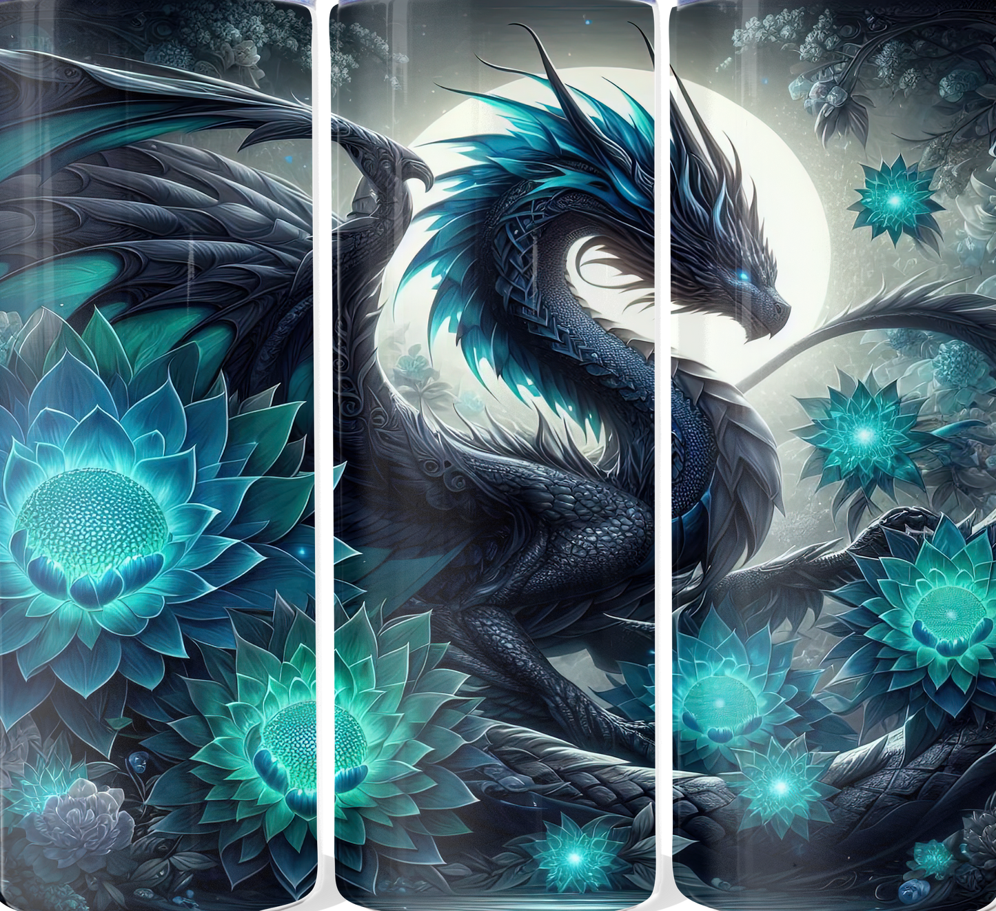 Midnight Dragon & Teal Lotus Glow Tumbler | Fantasy Dragon Stainless Steel Cup | Mystical Floral Dragon Design | 20oz Skinny Tumbler