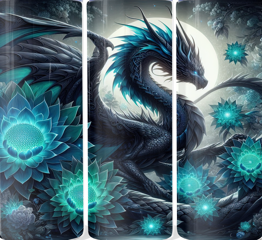Midnight Dragon & Teal Lotus Glow Tumbler | Fantasy Dragon Stainless Steel Cup | Mystical Floral Dragon Design | 20oz Skinny Tumbler