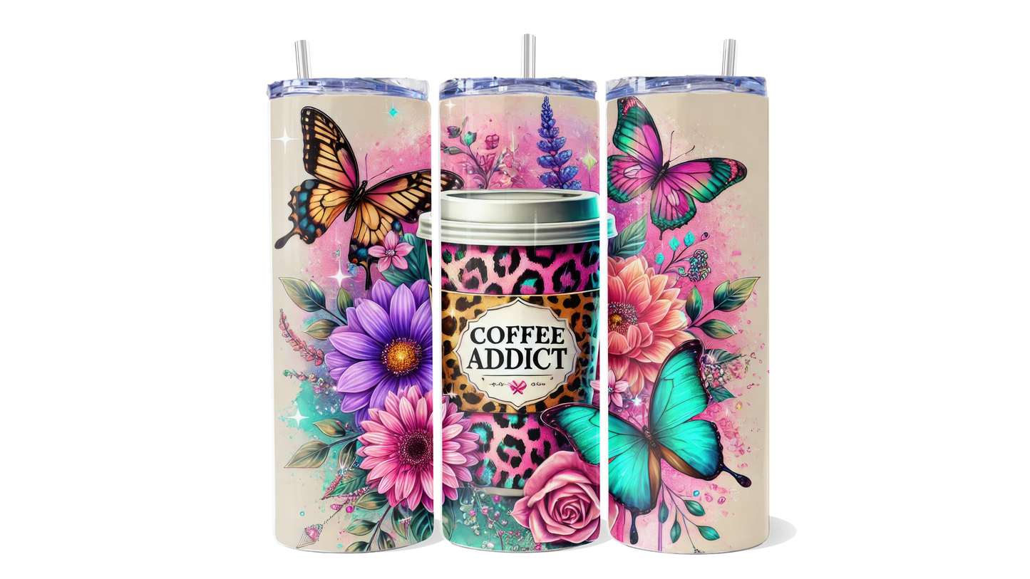 Coffee Addict Butterfly & Floral Tumbler |  20oz Stainless Steel