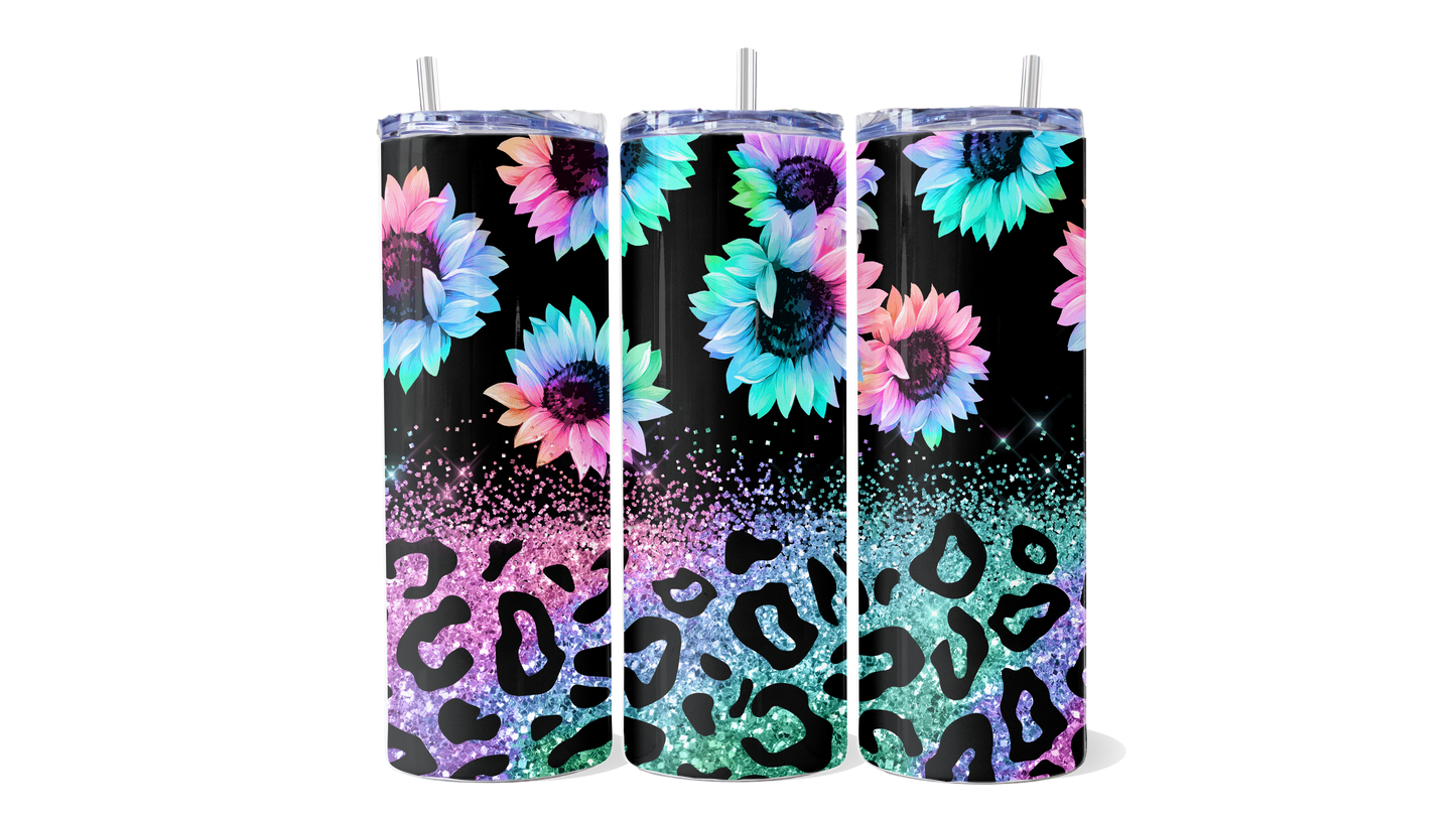 Rainbow Sunflower Leopard Glitter Tumbler