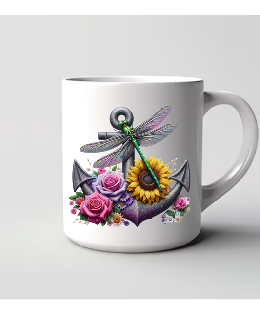 **"Anchor, Dragonfly & Flowers – 15oz Mug"**