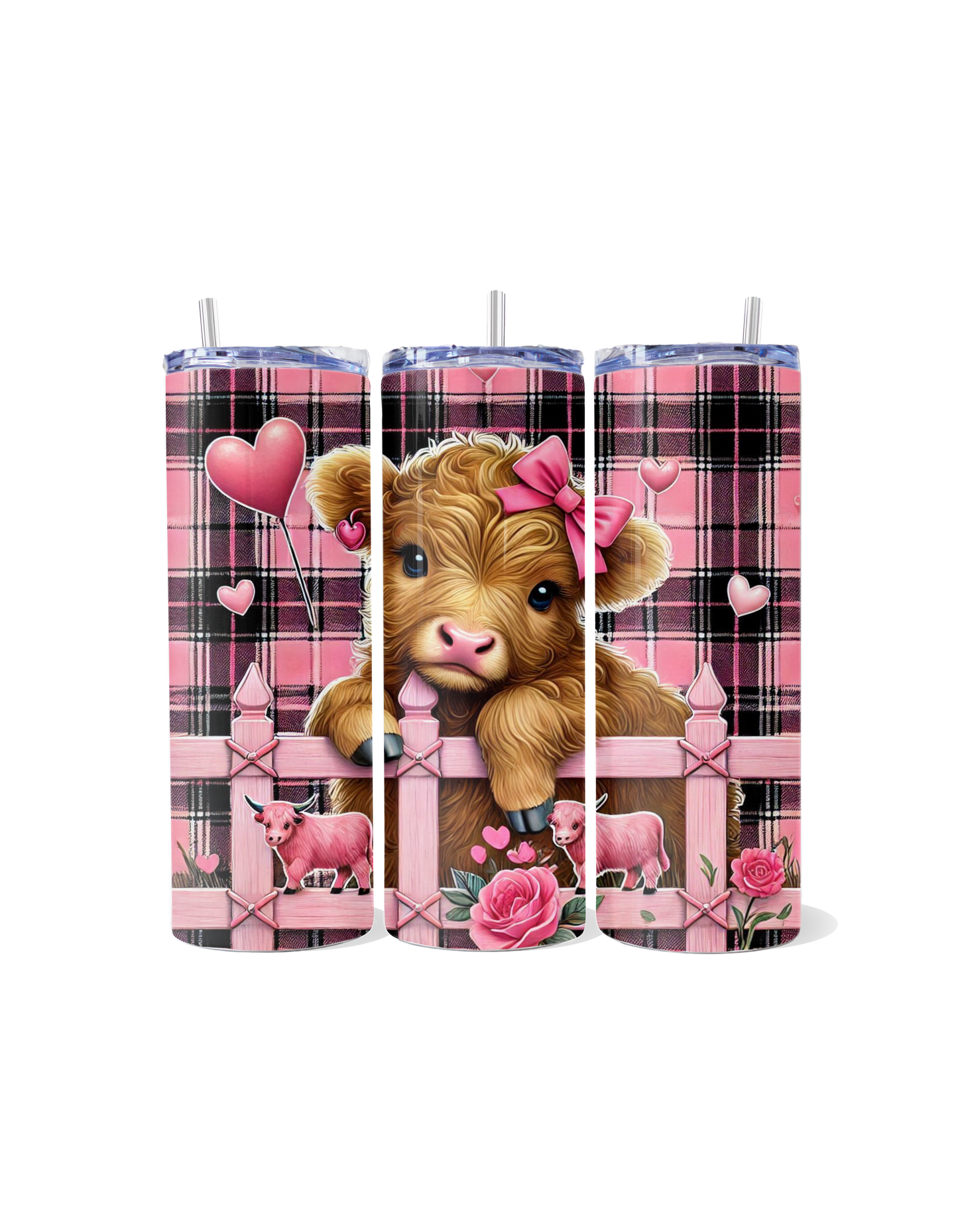 "Baby Highland Calf with Fence, Hearts, and Plaid Tumbler: A Cozy, Heartfelt Sip"