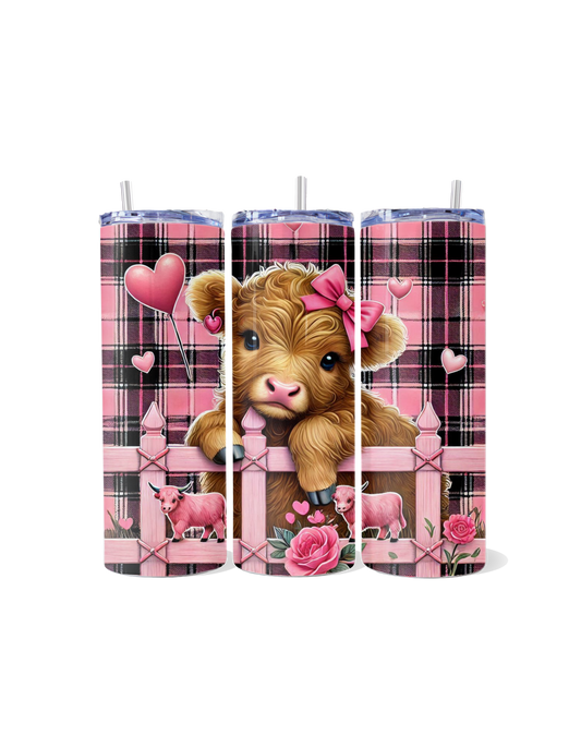 "Baby Highland Calf with Fence, Hearts, and Plaid Tumbler: A Cozy, Heartfelt Sip"