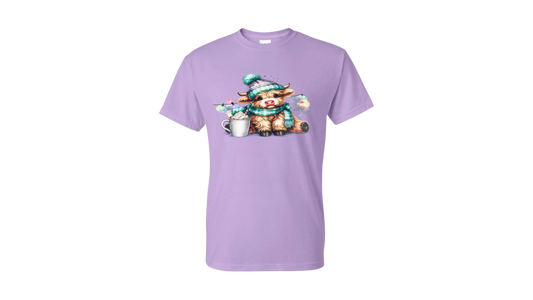 Cozy Highland Cow Hot Cocoa Graphic T-Shirt