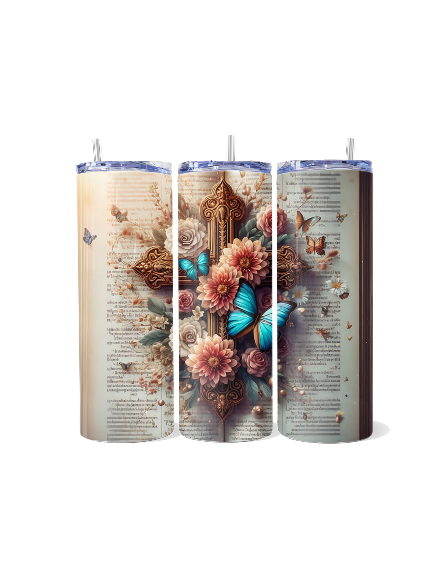 "Faith & Grace: Wooden Cross, Bible Verse & Butterfly Tumbler"